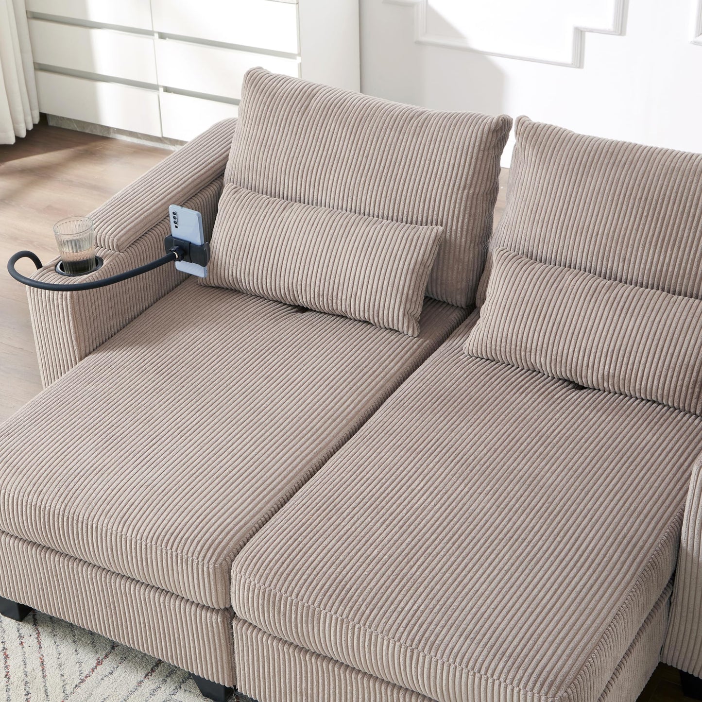 Merax Modern 63" Convertible Chaise Lounge with USB Ports, Phone & Cup Holders, Corduroy Upholstered Sleeper Sofa Bed, Recliner Loveseat with Pillows & Ample Storage Space for Living Room,Brown