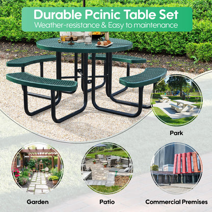Sunnibety 8-Person Picnic Tables for Outdoors, Industrial 46" Expanded Metal Round Picnic Table with 4 Benches & Umbrella Hole, Outside Table and Bench Set for Park, Garden, Backyard, Patio, Green
