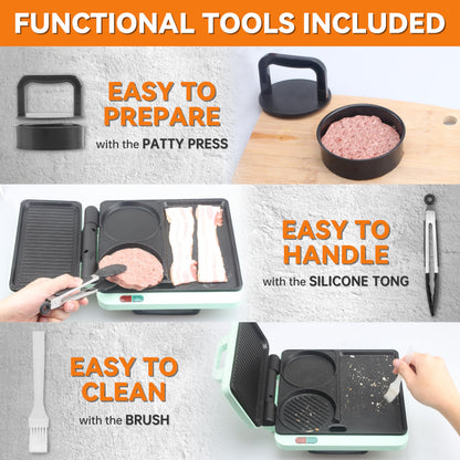 Baker's Friend Breakfast Sandwich Maker, Nonstick Electric Griddle & Grill Combo, 3 in 1 Breakfast Station, Make Egg Muffin Sandwiches Burgers Hot dogs & Pancakes, Includes Burger Press, Tong & Brush