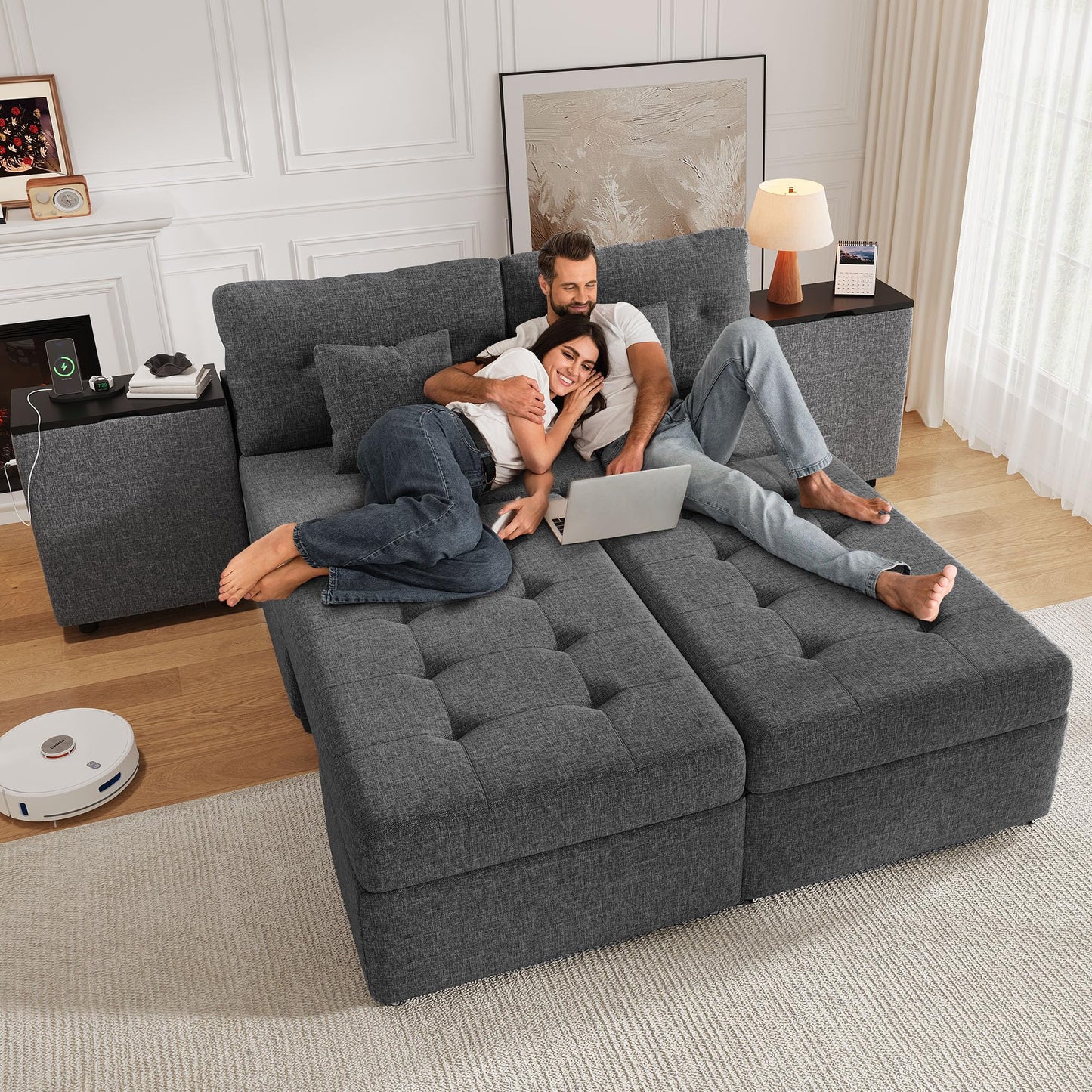 DWVO Queen Size Sofa Bed, 5-in-1 Multi-functional Convertible Sleeper Sofa with 2 Storage Cabinet Nightstand & USB Ports, 100" Sectional Sofa Couch with 2 Comfy Pillows for Living Room Apartment, Grey
