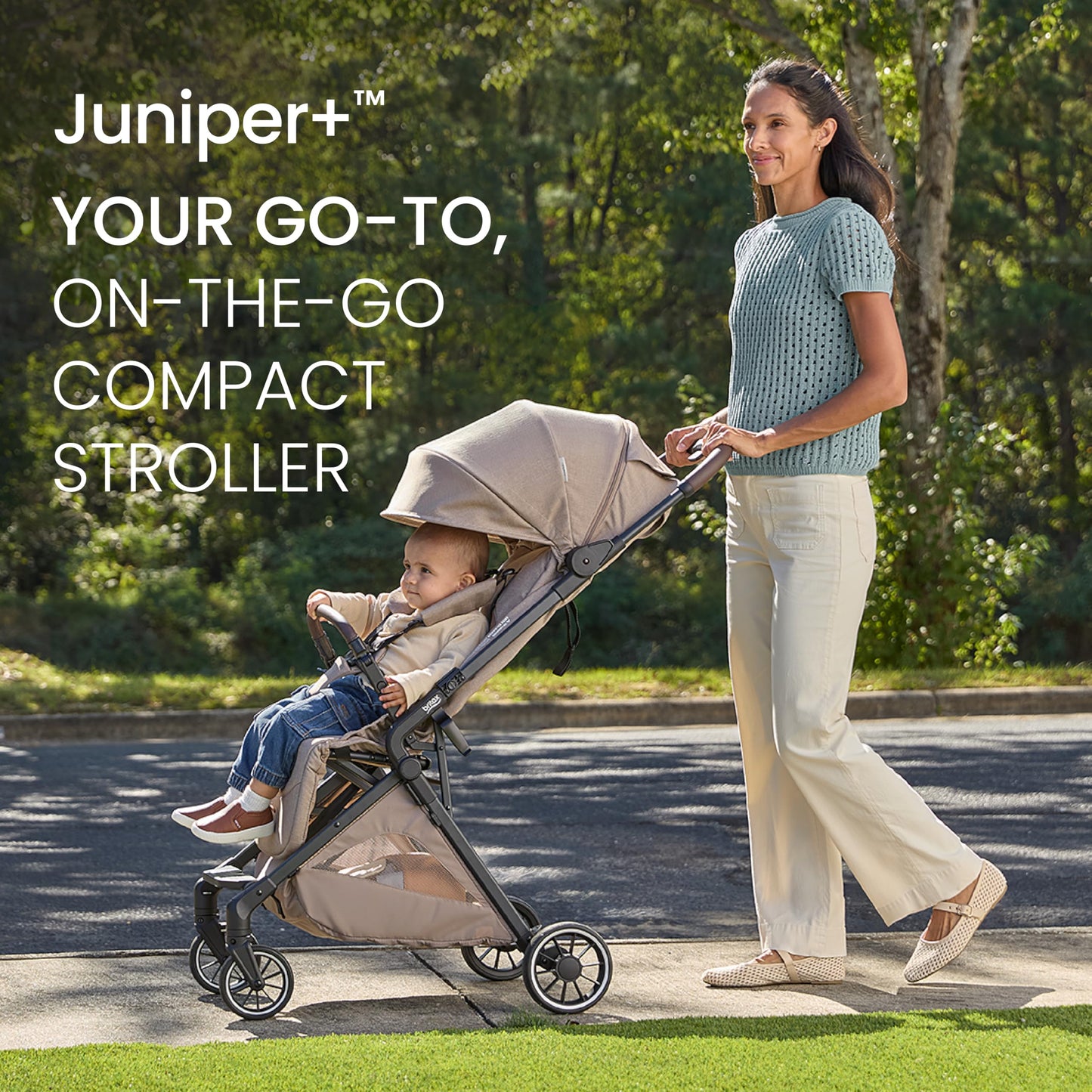 Britax Juniper+ Compact Stroller, Portable & Lightweight On-The-Go Stroller with Fastpack & One-Hand RapidFold, Infant Car Seat Compatible, Built-in Carry Strap, Ventilating Fabrics — Raven Black