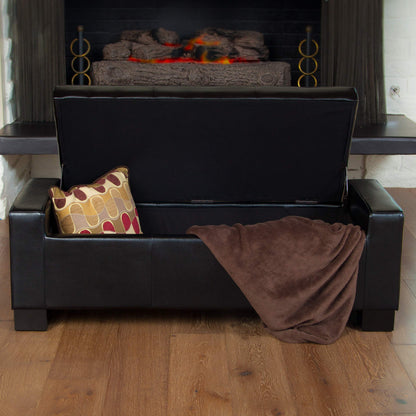 Christopher Knight Home Guernsey Leather Wood-Frame Storage Ottoman, Black