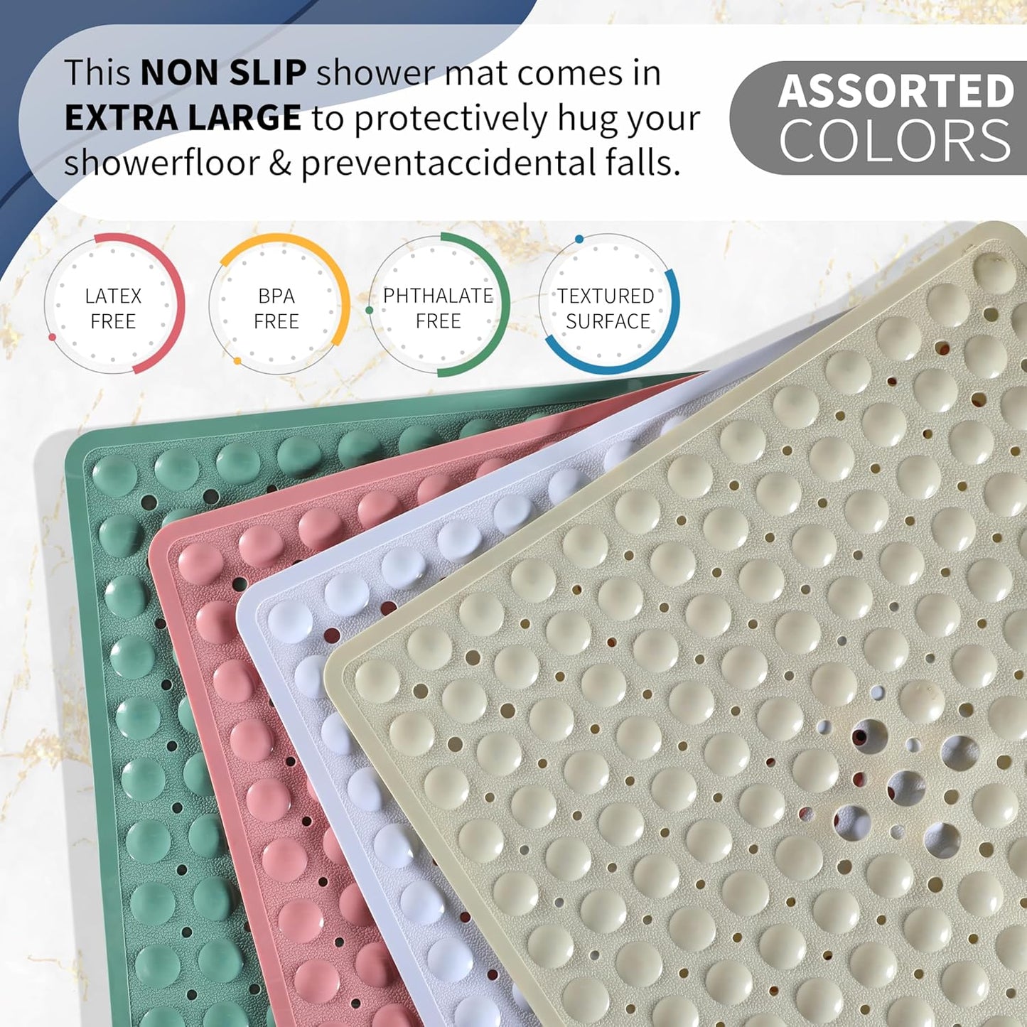 Yimobra Shower Stall Mat Non Slip, 21x21 Inch Soft Square Bath Mat with Suction Cups and Drain Holes