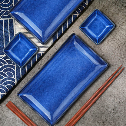 uniidea Ceramic Sushi Serving Tray Sets 2, 6 Pieces Japanese Style Porcelain Sushi Plate Set with Soy Sauce Dishes, Bamboo Chopsticks Housewarming Gift, Blue