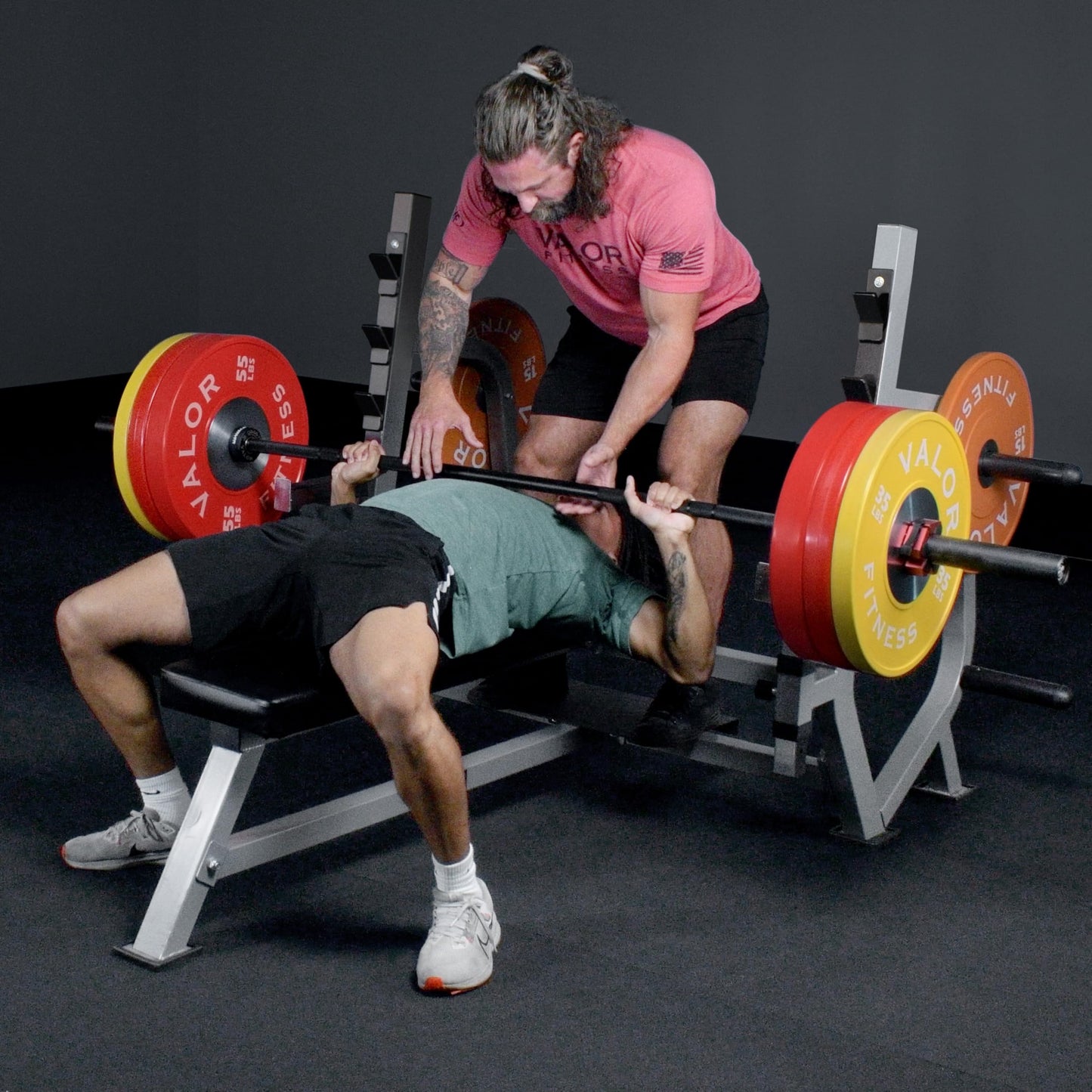 Valor Fitness Olympic Weight Bench Press Station - Spotter Arms - Adjustable Safety Catch- Max 500 lbs - Plate Storage Pegs - Home Gym Equipment