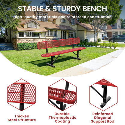 Sunnibety 8 Feet Steel Park Bench for Outside, Outdoor Bench with Backrest & Portable Frame, Commercial Benches for Shopping Malls, Stores, Parks, Patios, Decks, Red
