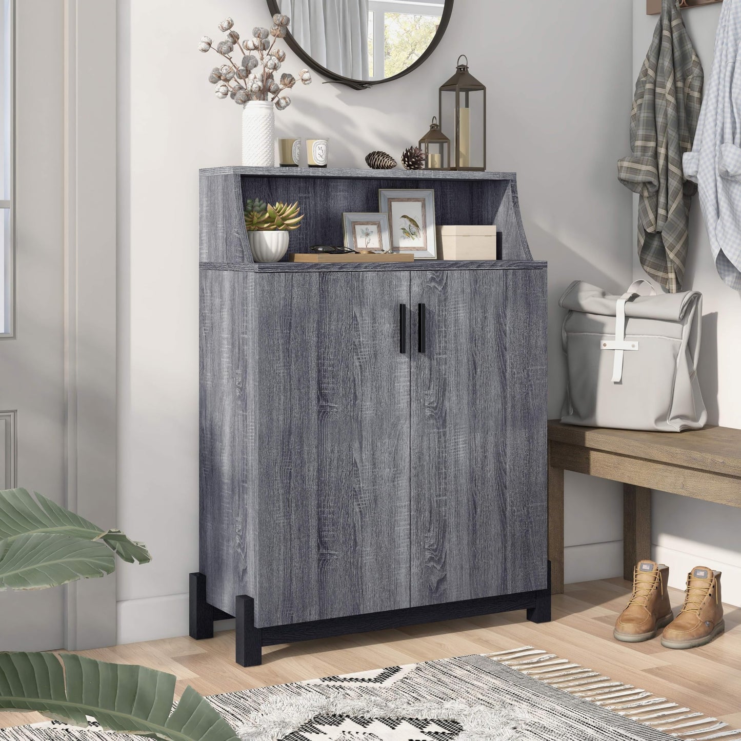 HOMES: Inside + Out Seiter Modern 5-Shelf Wood 33 in. Shoe Cabinet for Entryway, Distressed Gray