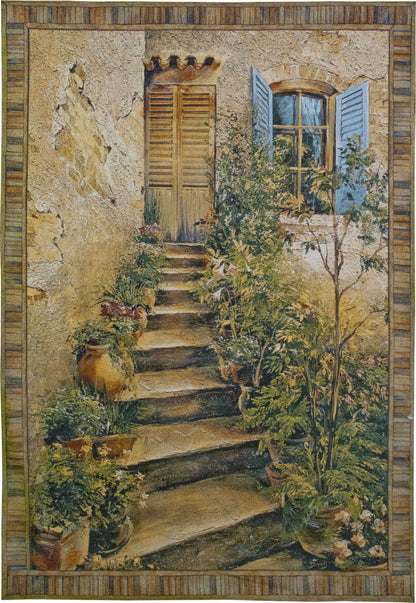 Tuscan Villa II by Roger Duvall | Woven Tapestry Wall Art Hanging | Rustic Italian Village Steps | 100% Cotton USA Size 53x75