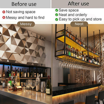 47.2IN Ceiling Wine Glass Rack with light, Acrylic Hanging Wine Rack with Glass Holder and Transparent Shelves, Wine Bottle Holder Goblet Stemware Racks Modern Home Bar Coffee Decor Rack(120CM)