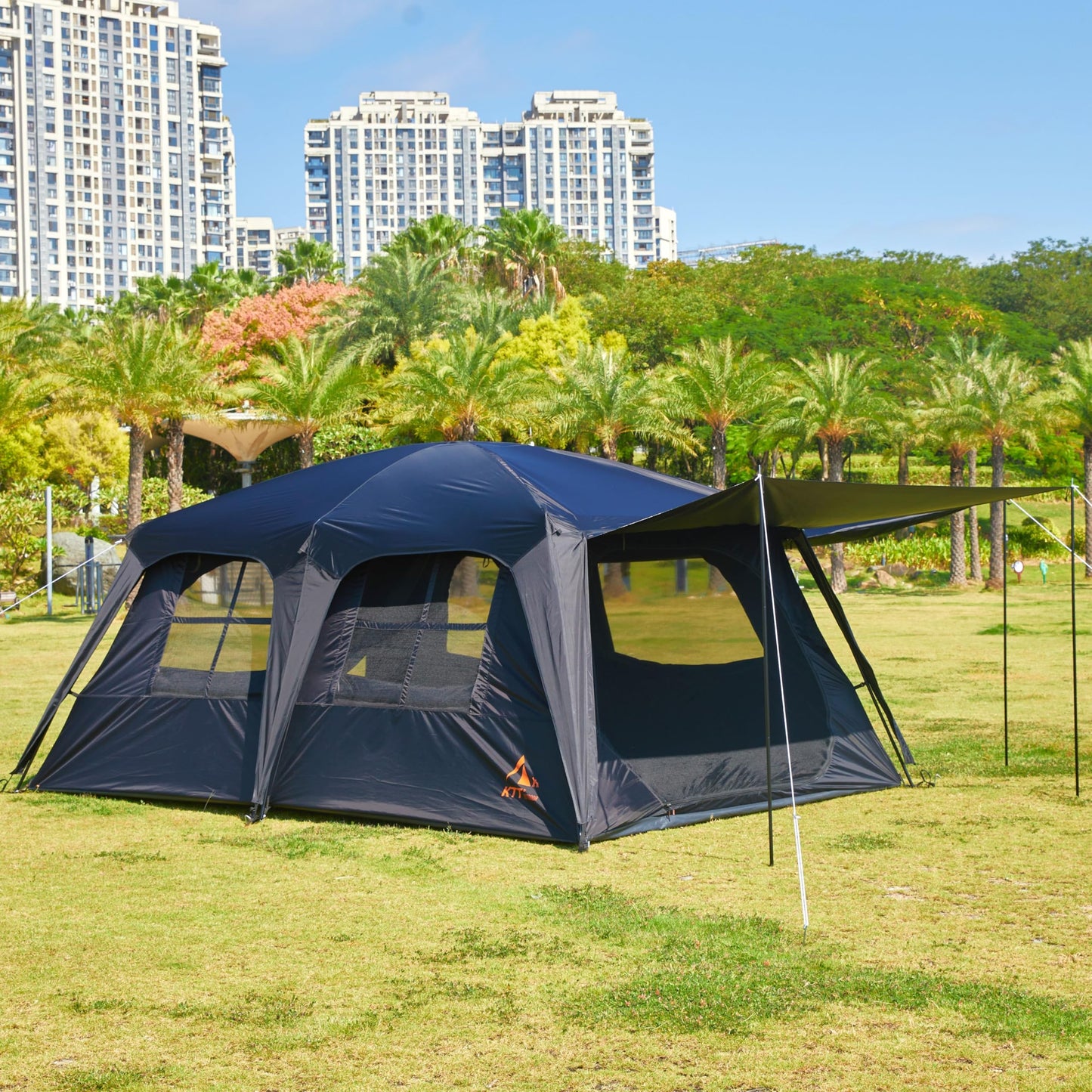 KTT Extra Large Tent 12 Person,Family Cabin Tents,Awning,2 Rooms,4 Doors and 4 Windows with Mesh,Straight Wall,Waterproof,Double Layer,Big Tent for Outdoor,Picnic,Camping,Family Gathering(Black)