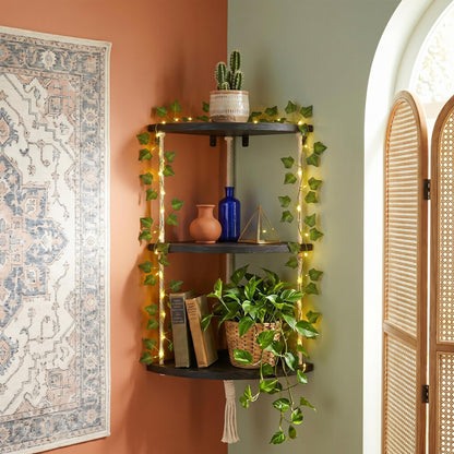 REFGY 3-Tier Corner Floating Shelves with Aesthetic Greenery & Fairy Lights - Premium Wood-Textured Boho Wall Hanging Shelf - Stable L-Bracket Support for Home Decor, Office & Small Spaces