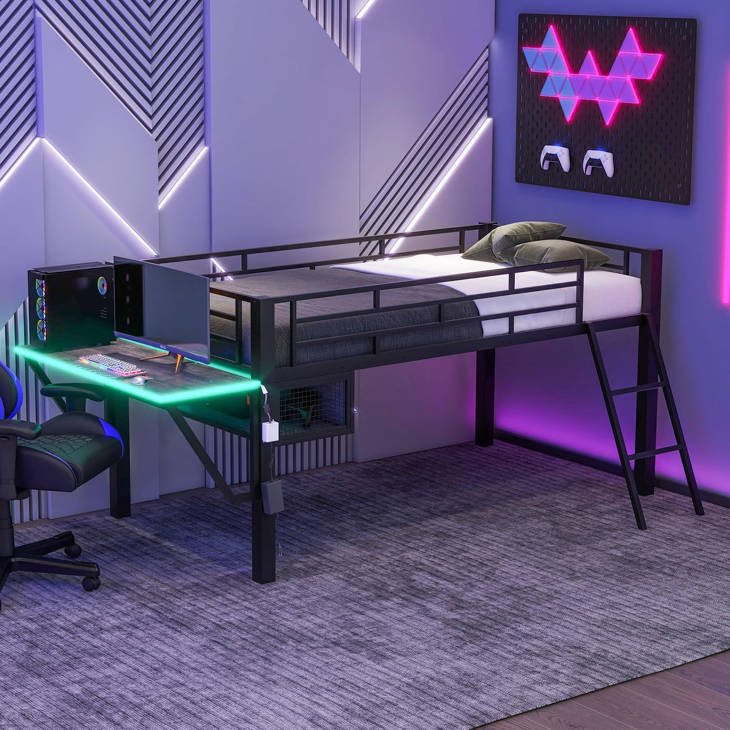 Merax Mid Loft Bed Twin Size with Desk, Metal Gaming Loft Bed with LED Light, for Teens & Adults, Black