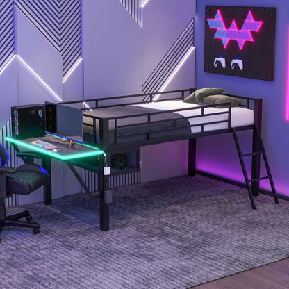 Merax Mid Loft Bed Twin Size with Desk, Metal Gaming Loft Bed with LED Light, for Teens & Adults, Black