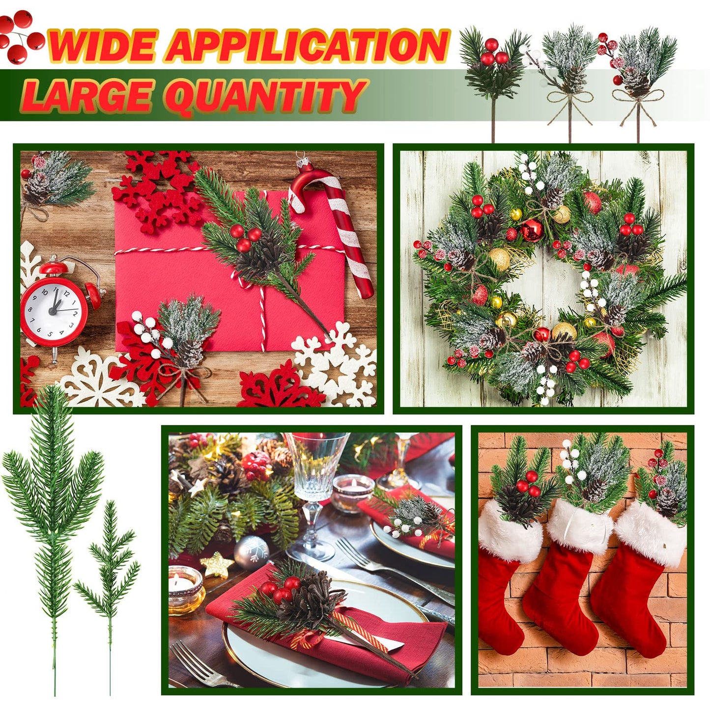 60 Pcs Christmas Artificial Green Pine Needles, Christmas Floral Picks Artificial Holly Red Berry Twig Stem Pine Snowy Cone Branches Garland Bulk for Xmas Tree Craft Holiday Winter (Elegant Style)