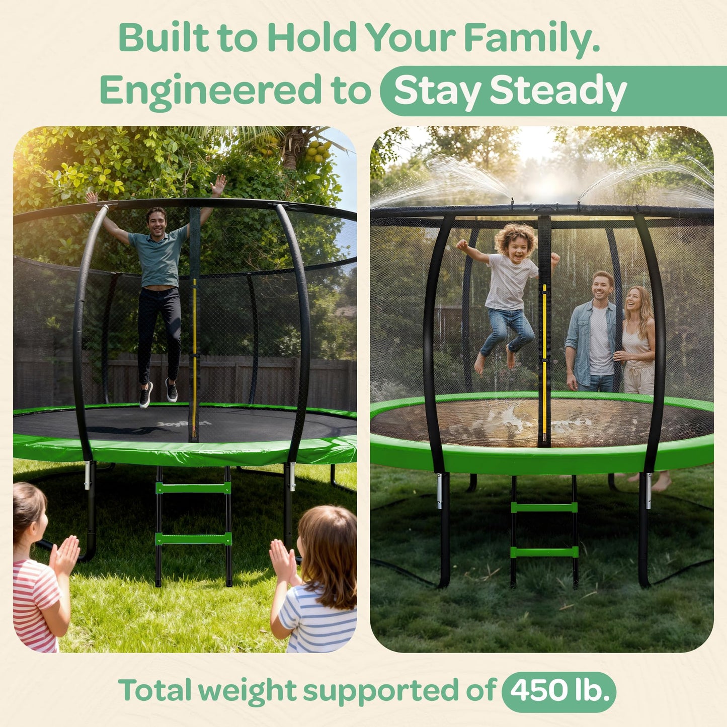 JoyBerri Trampoline Outdoor - Upsurge ASTM Certified Safe 8Ft 10Ft 12Ft 14Ft 15Ft 16Ft Recreational Trampoline for Kids and Adults. Anti-Rust Coating with Enclosure Net, Ladder, Sprinkler & LED Lights