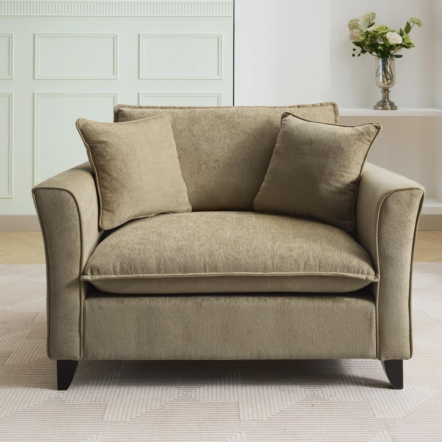 46.3 Inch Oversized Armchair Chenille Fabric Chair and a Half Single Sofa with Pillow Removable Washable Covers Rubberwood Legs Ruffled Armrests for Living Room Bedroom Office Apartment, Green
