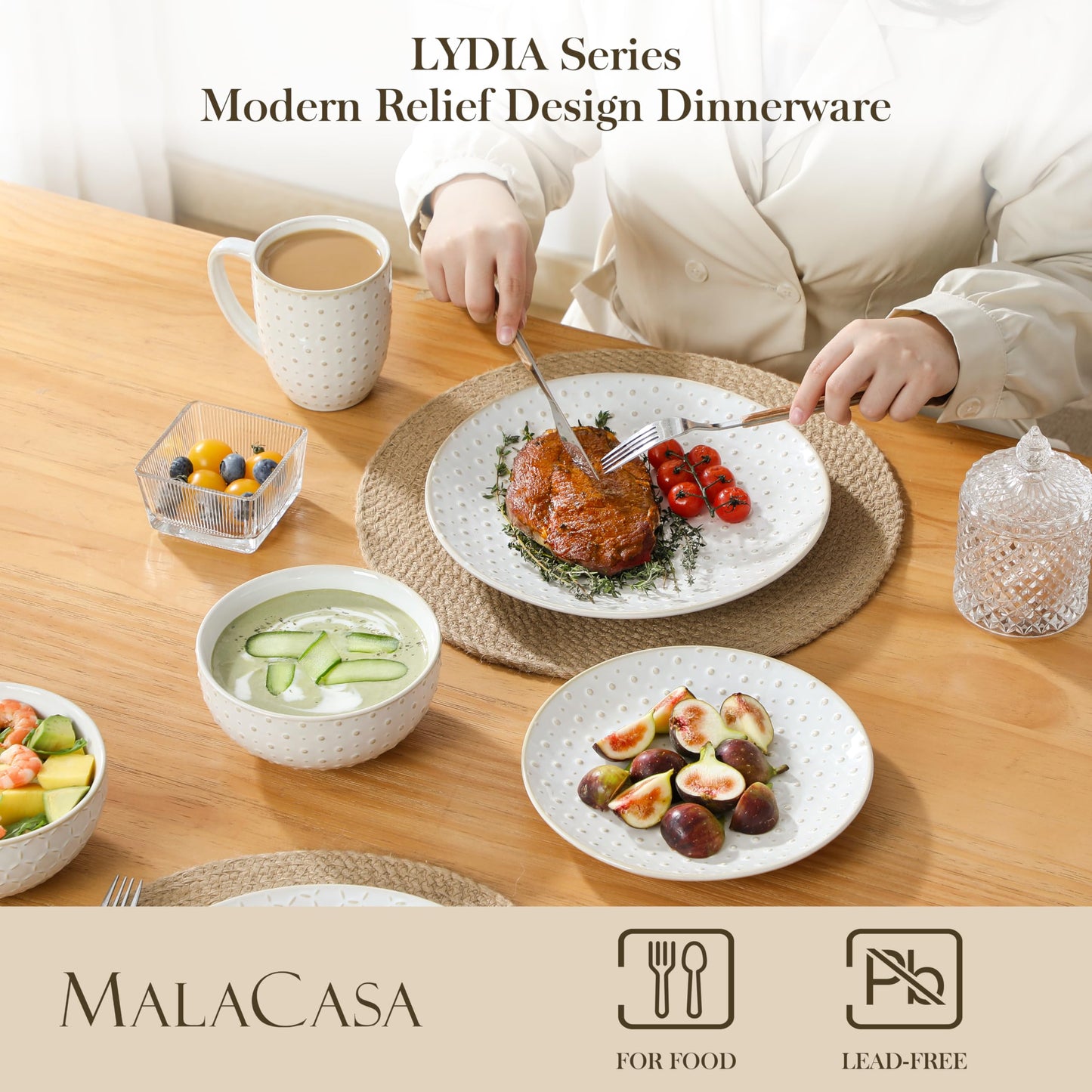 MALACASA 16 Pieces Dinnerware Sets, Modern Relief Design Plates and Bowls Sets, White Dish Set for 4, Kitchen Ceramic Dinner Plates Dishware Set, Microwave and Dishwasher Safe, Series LYDIA