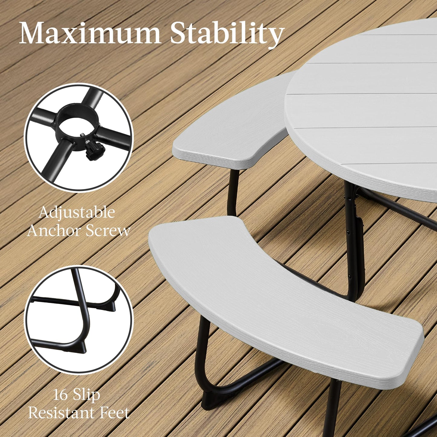 Best Choice Products 8-Person Outdoor Bench Patio Picnic Table, Circular w/ 4 Built-in Benches and Umbrella Hole, 2000lb Capacity - White