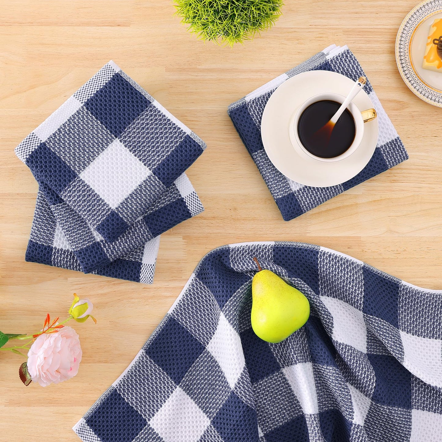 Homaxy Kitchen Towels and Dishcloths Set, 12 x 12 and 13 x 28 Inches, Set of 8 100% Cotton Waffle Weave Check Plaid Kitchen Dish Towels, Super Soft and Absorbent Dish Cloths, White & Navy Blue