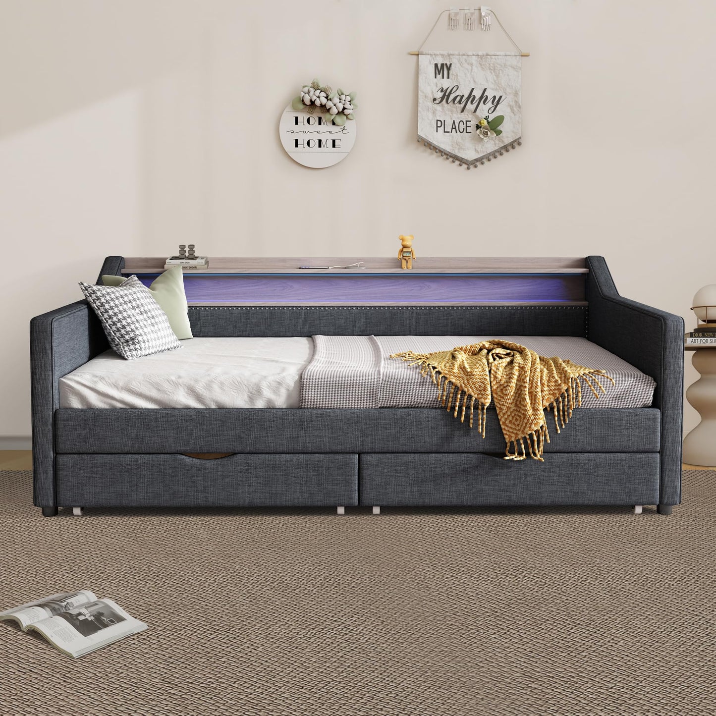 Ball & Cast Twin Size Daybed Frame with Storage Drawers and 2-Tier Shelf,Modern Linen Upholstered Sofa Bed w/Charging Station,Smart LED Light,Wood Slats Support,for Livingroom,Apartment,Dark Grey