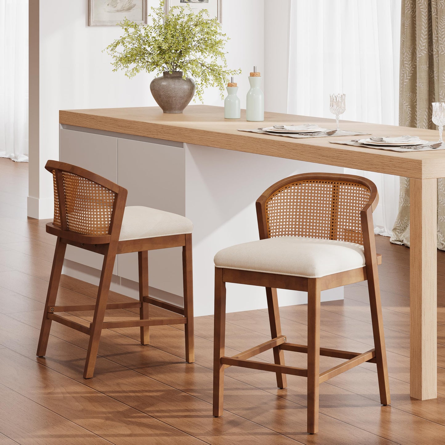 Christopher Knight Home JENA Rattan Counter Stools Set of 2, Counter Height Bar Stools for Bar Table, Rubberwood Frame with Upholstered Barstools, Wood Accent Chair with Footrest, Beige + Walnut
