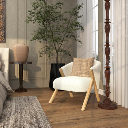 Deco 79 Polyester Living Room Accent Chair Rounded Boucle Side Chair with Angled Wooden Legs, Corner Chair 27" x 26" x 28", White