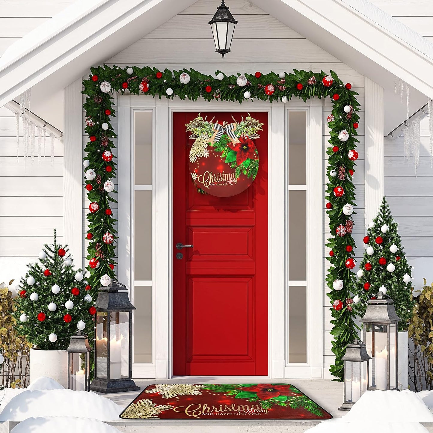 Christmas Kitchen Rugs Red Poinsettia Flower Non Slip Soft Mats, Anti Fatigue Bath Rug Runner Doormats for Home Decor