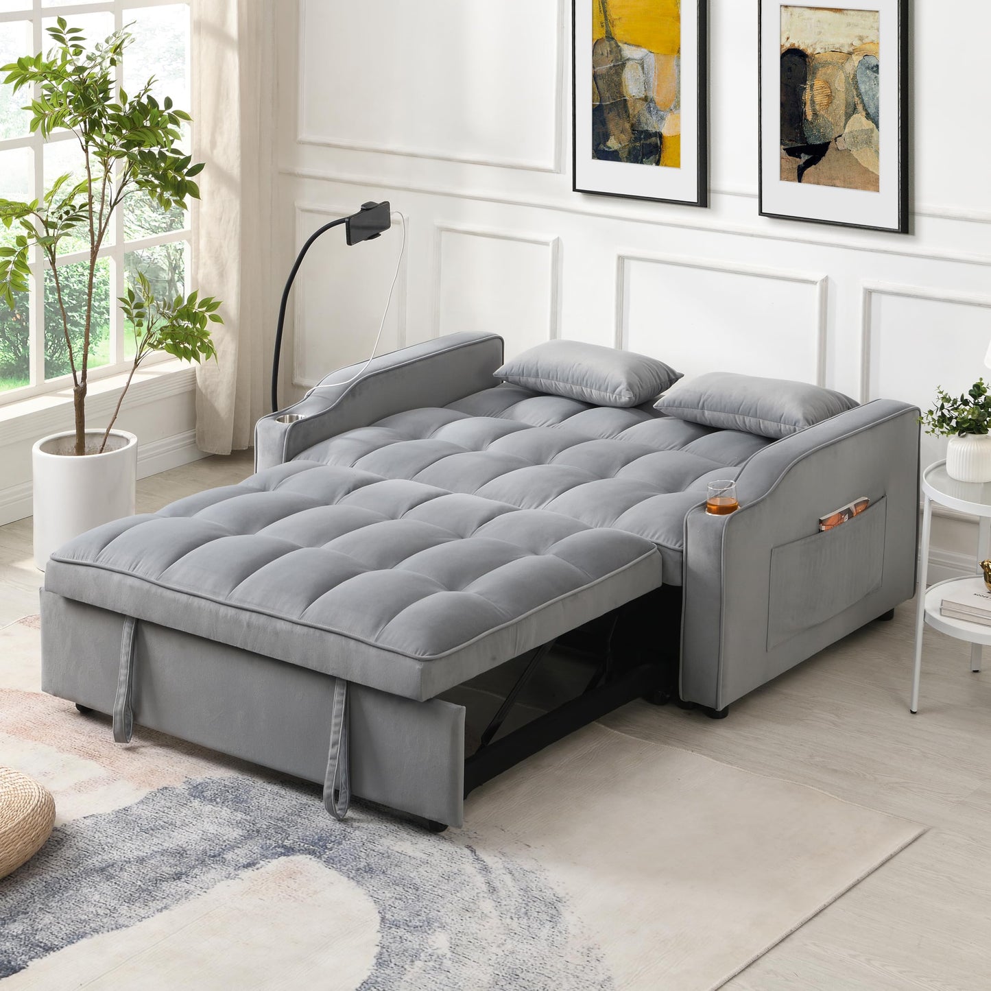 KEIKI 3 in 1 Convertible Sleeper Sofa Bed, Velvet Loveseat Futon Couch with Pullout Bed & Adjustable Backrest, USB Ports & Phone Holder, Small Lounge Sofa for Living Room Apartment, Light Grey