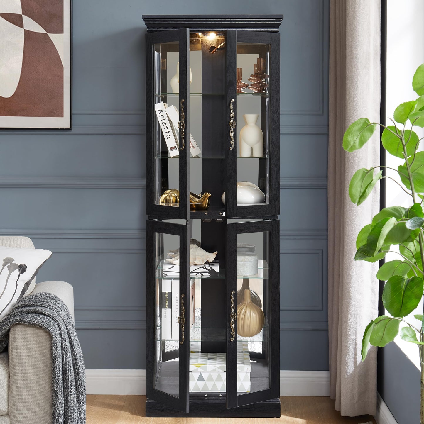 Elegant Lighted Glass Curio Display Cabinet Wooden Frame Storage for Living Room, Kitchen Includes Light Bulb Ideal for Wine, Toys Collectibles Black