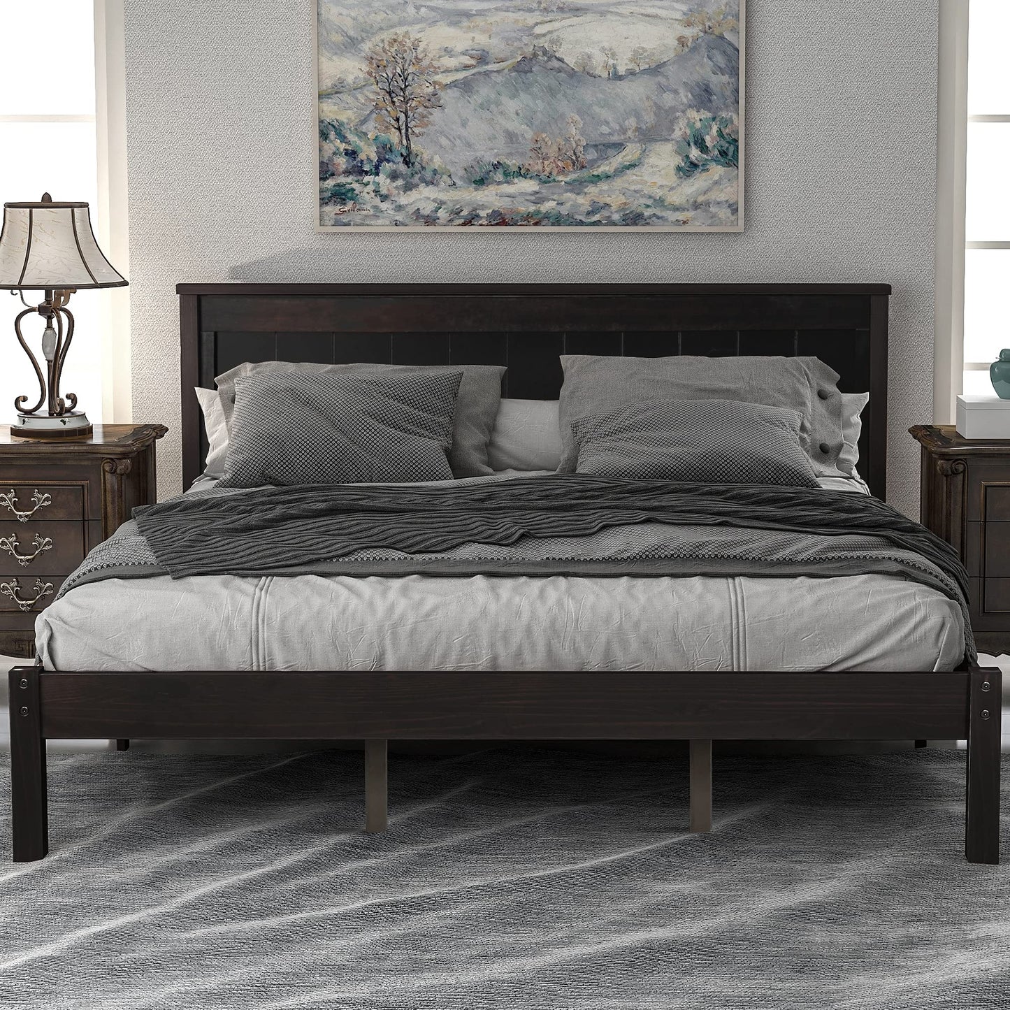 Jintop Queen Size Platform Bed Frame with Headboard,Bedroom Stylish Bed W/Wood Slat Support & No Box Spring Required,Easy to Assemble,for Kids Teens Girls Boys,Espresso