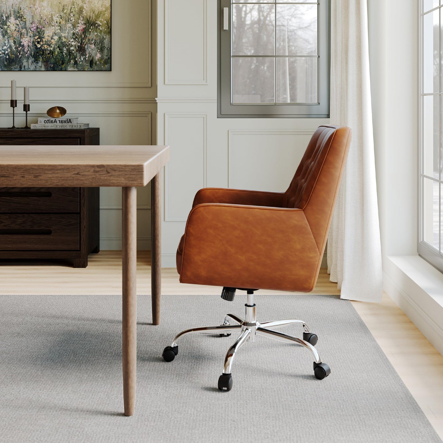 COLAMY Verso Home Desk Chair with Armrest, Leather Swivel Office Chair Adjustment Height with Wheels,Comfortable Padded Seat, Brown