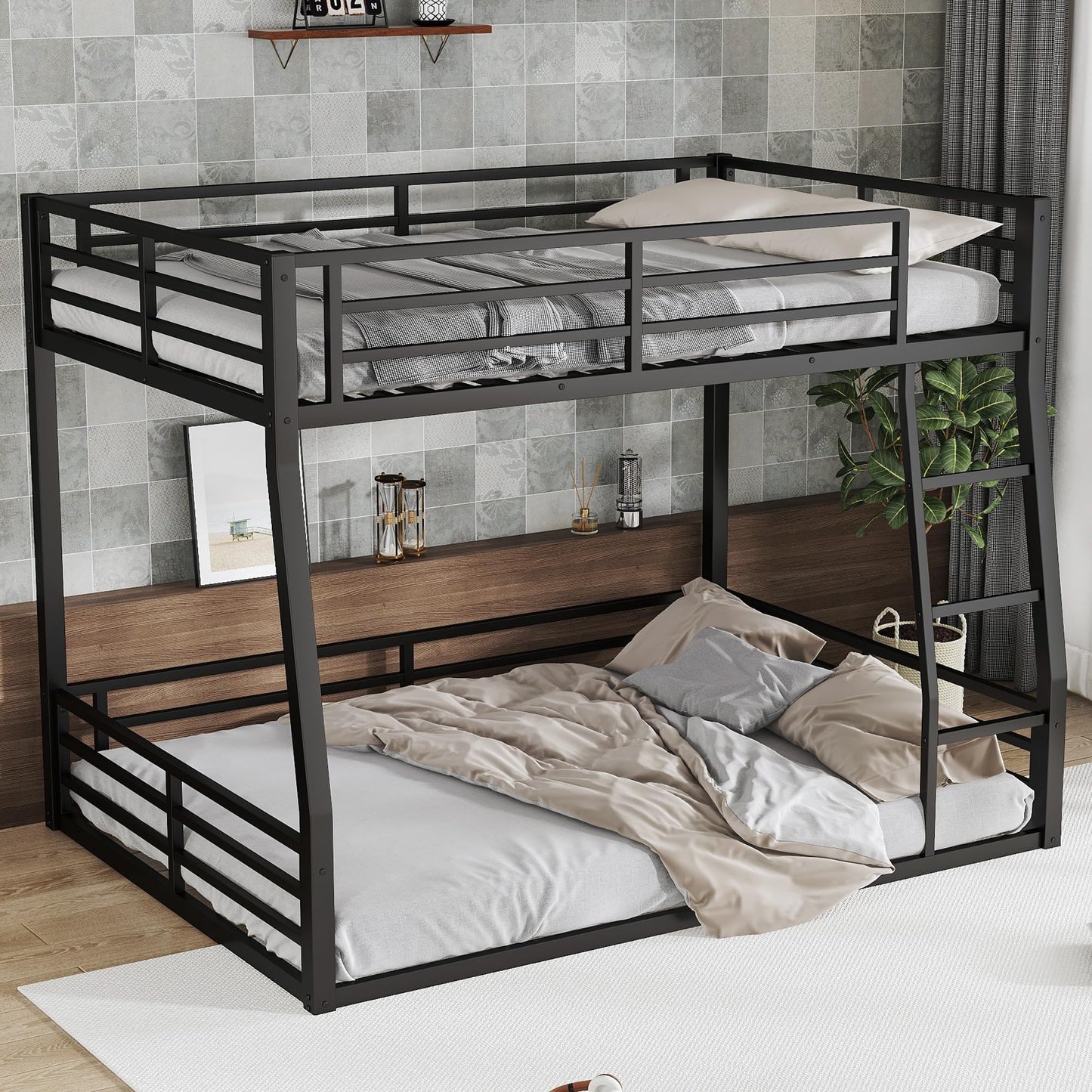 Full XL Over Queen Bunk Bed Frame with Noise Reduced Design, Heavy Buty Metal Floor Bunk Bed Full XL Over Queen Bunk Beds with Ladder for Adults, Teens