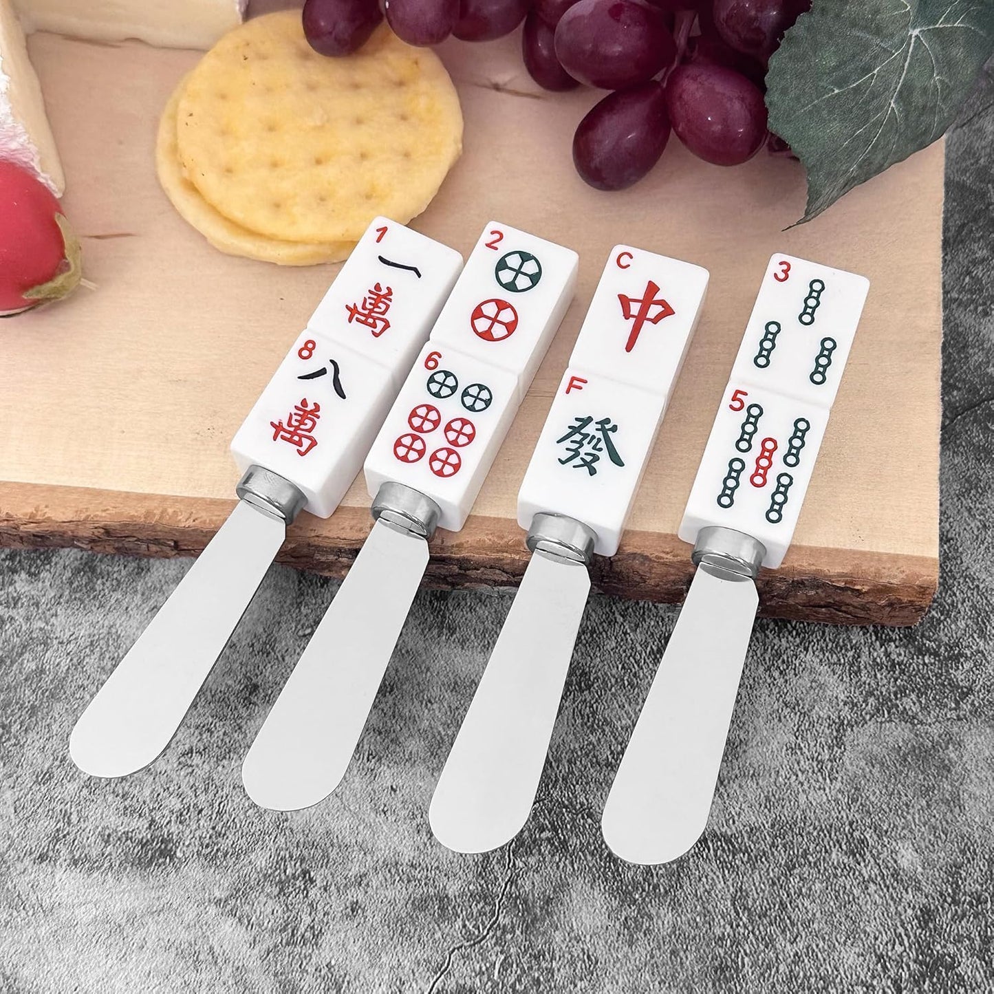 Mahjong Tile Cheese Spreaders - Hand-Painted Resin Handles with Stainless Steel Blades, Set of 4 Assorted Designs