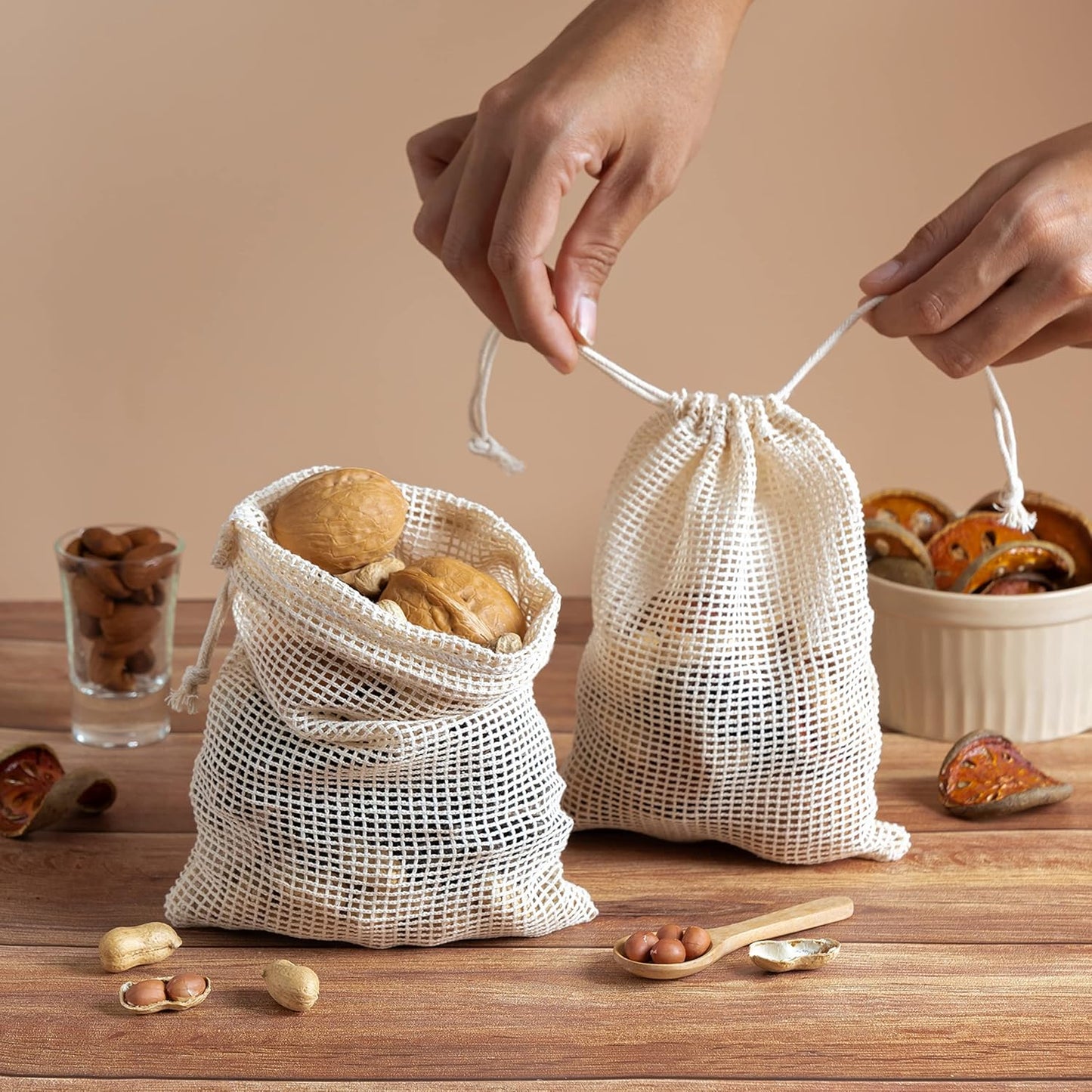 PALTERWEAR 100% Natural Cotton Double Drawstring Mesh Bag - For Herbs, Nuts, Spices, Set of 5
