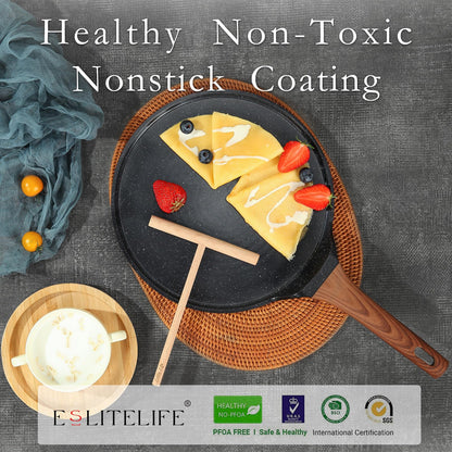 ESLITE LIFE 9.5 Inch Crepe Pan with Spreader, Nonstick Granite Coating Dosa Pan, Roti Tawa Comal Para Tortillas Pancake Griddle Pan, Induction Compatible, PTFE & PFOA Free, Black