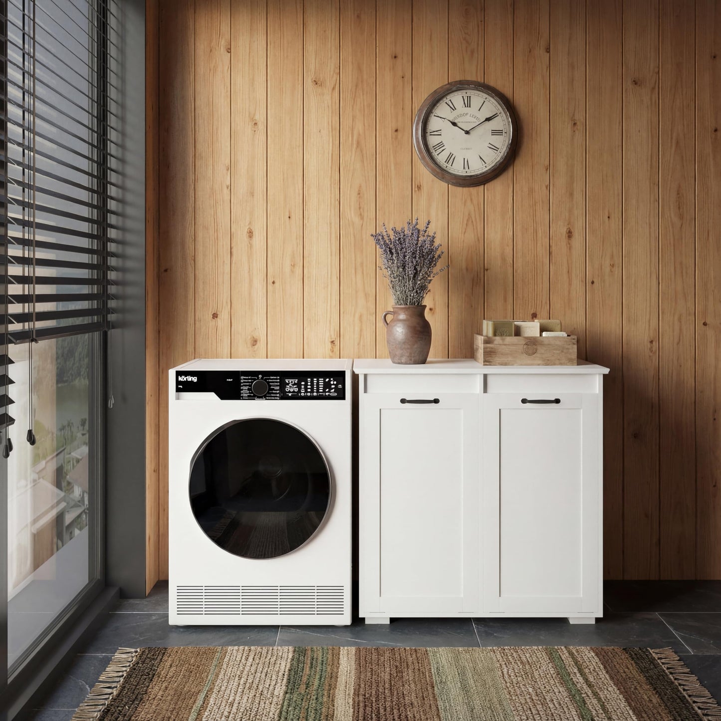 White Laundry Cabinet with 2 Removable Liner Bags, Particle Board and MDF, 31.5 x 15.75 x 30.31 Inches, Dual Compartment Hamper Sorter
