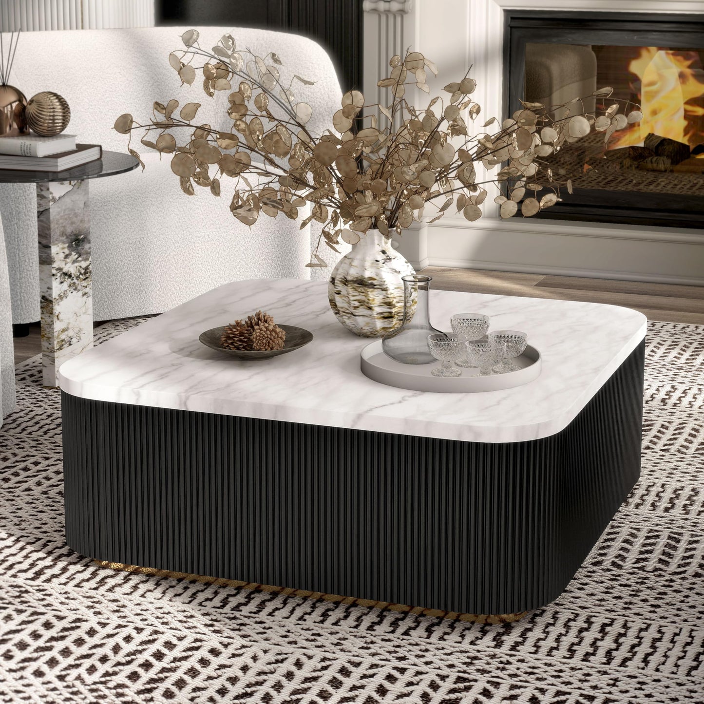 Furniture of America Beryl Modern Square White Genuine Marble Top Coffee Table with Fluted Pedestal Base and Gold Stainless Steel Accent, Low Profile Table for Living Room, Home Office, Black