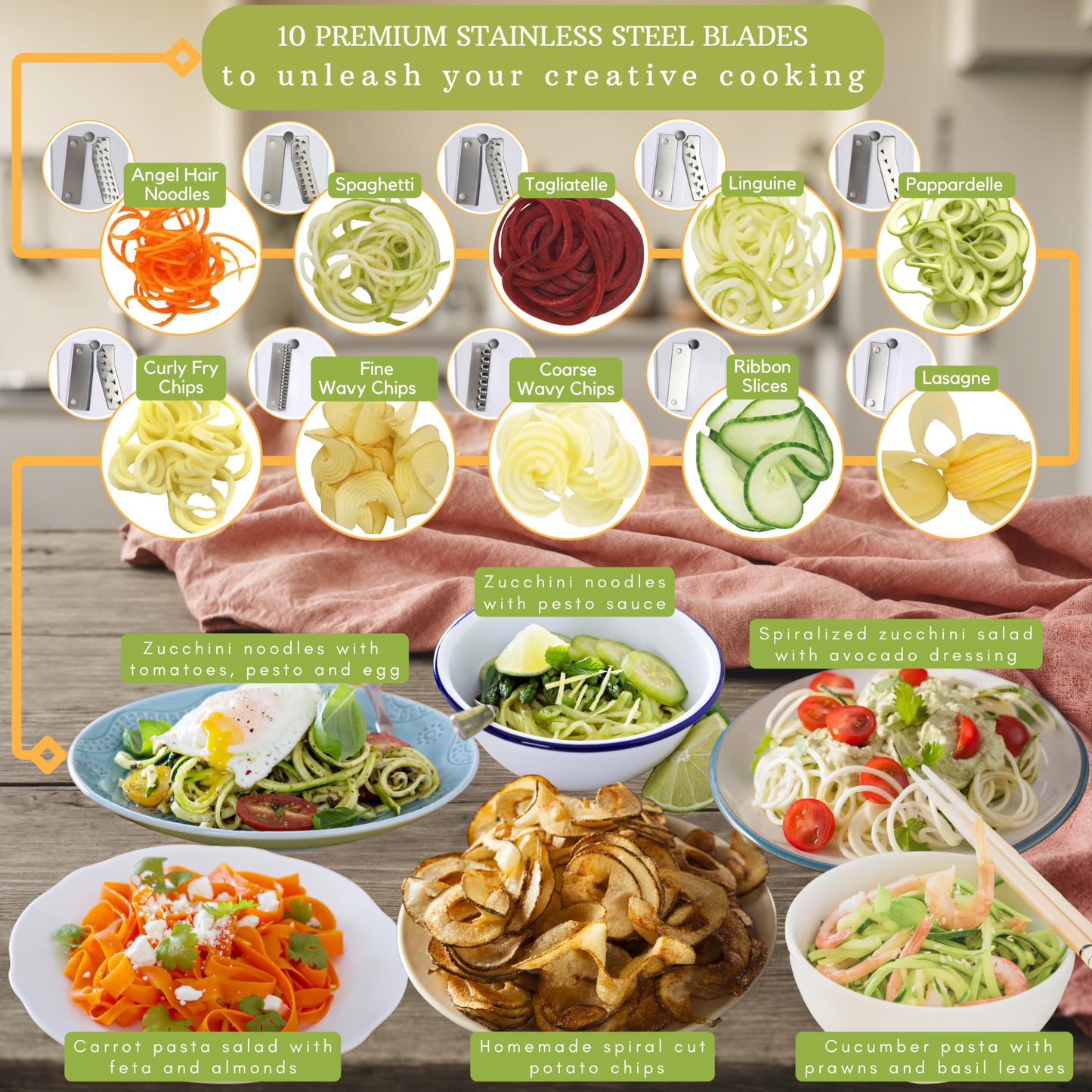 Brieftons 10-Blade Vegetable Spiralizer: Zucchini Spiral Slicer & Veggie Noodle Maker, Japanese Steel Blades, Catch Container, Strong Suction Cup, Blade Caddy, 4 eBooks | Low Carb, Vegan, Gluten-Free