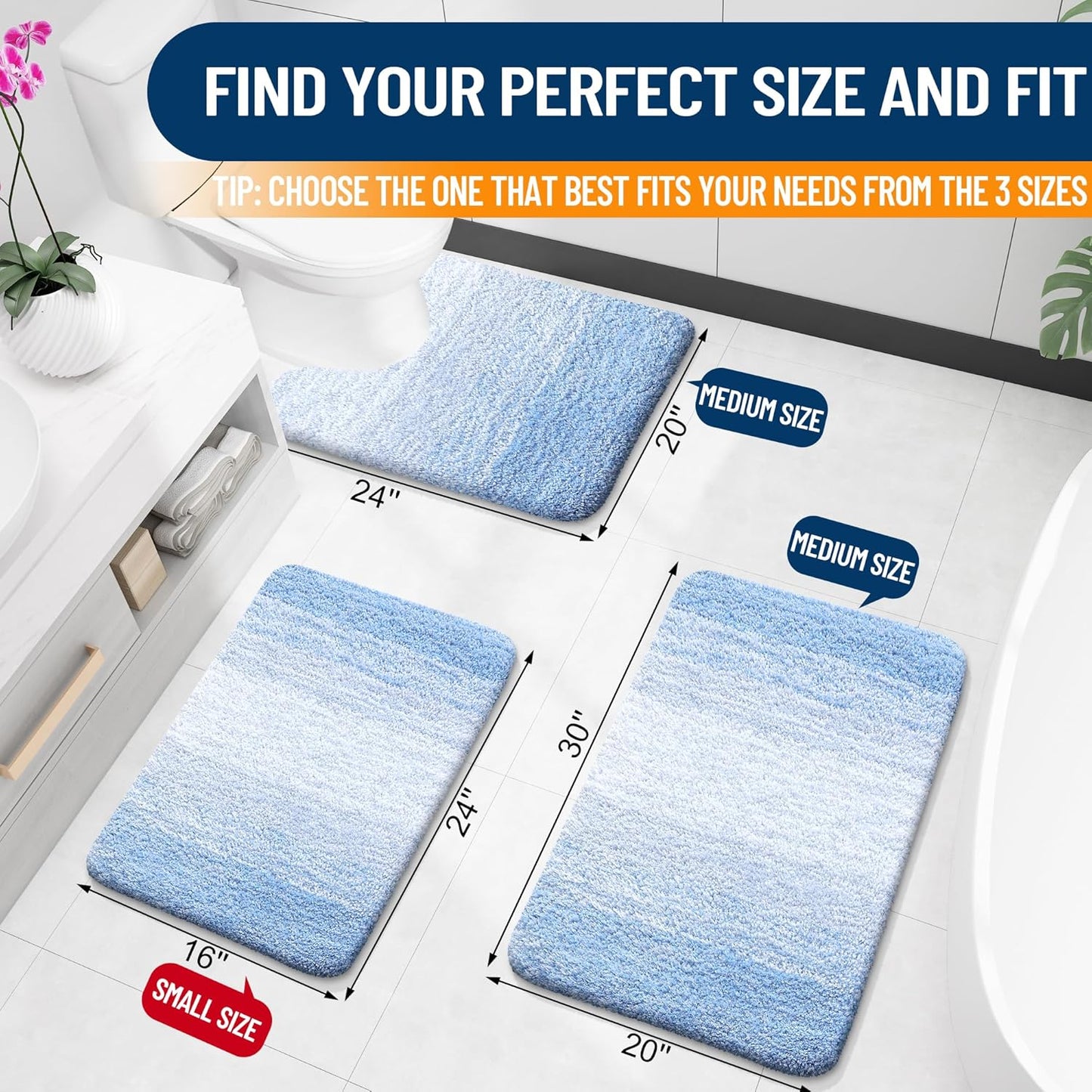 OLANLY Large Bath Rugs - Extra Soft Microfiber Mat 44x32 | Quick-Dry, Washable, Rubber Backing - Light Blue