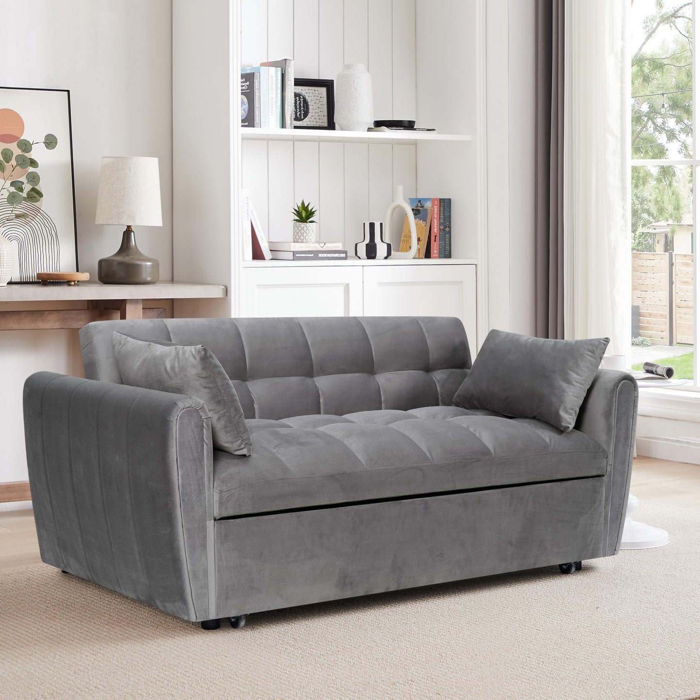 KEIKI 65" 3-in-1 Convertible Sofa Bed, Foldable Futon Couch with Adjustable Backrest & Pillows, Modern Velvet Sleeper Sofa for Living Room, Apartment, Small Space Furniture, Compact Guest Bed