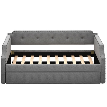 Merax Upholstered Daybed with Trundle, Wood Slat Support,Upholstered Frame Sofa Bed, Twin, Gray
