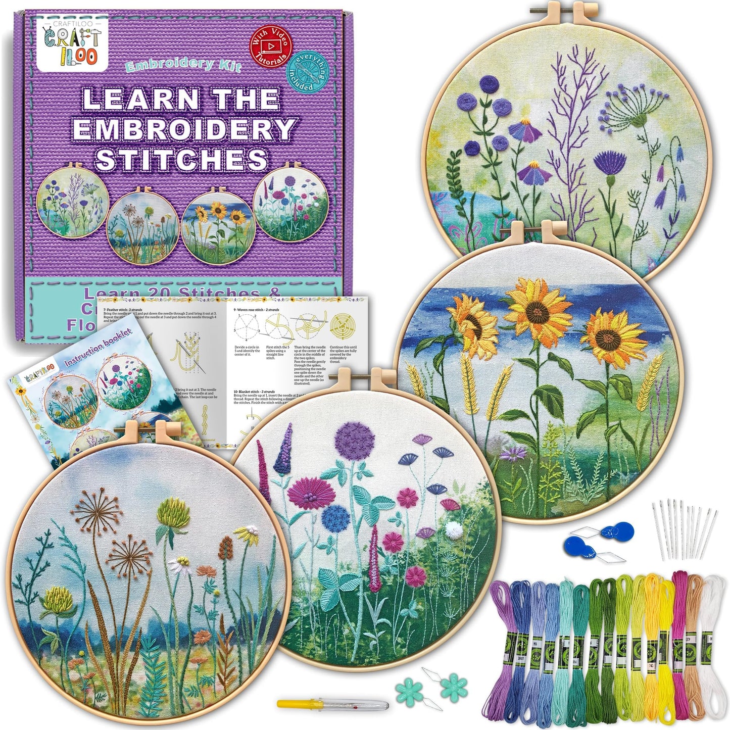 CRAFTILOO Embroidery Kit for Beginners Adults — 4 Floral Stamped Patterns, Learn 17 Stitches | Complete Needlepoint Kit with Hoop, Needles, Thread & Video Tutorial | Embroidery Kits for Adults Women