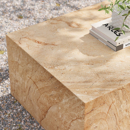 Modway Jordana 47 Inch Rectangle Concrete Coffee Table in Travertine – Plinth Coffee Table with Faux Stone Finish – Concrete Furniture Center Table for Living Room or Patio