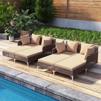Tangkula Outdoor Rattan Double Daybed, Boho Wicker Chaise Lounge for 2 with Seat & Back Cushions, Outdoor Sunbed Loveseat with Metal Support for Backyard, Poolside & Deck (Brown)
