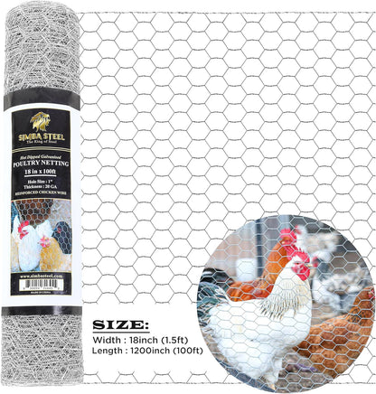 18 100 1 20GA 18 100) Chicken Wire in x FT x Mesh x | Poultry Wire Netting | Hot Dipped Galvanised | Hexagonal