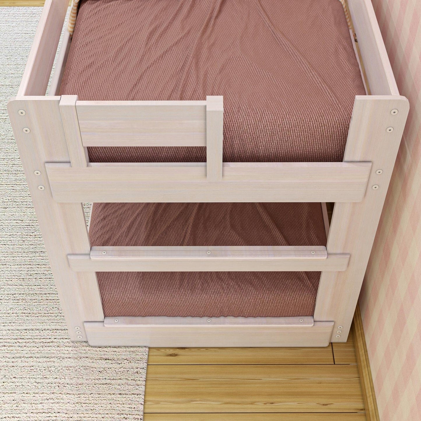 Max & Lily Modern Farmhouse Low Bunk Bed, Twin-Over-Twin Bed Frame For Kids, White Wash