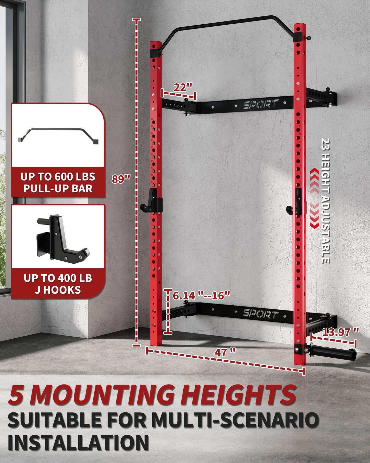 PeacefulHues Folding Wall Mounted Squat Rack, 1000 Pounds Capacity Power Rack with Pull Up Bar, J Hooks and Other Attachments, Space Saving Multi-Functional Power Cage for Home Gym