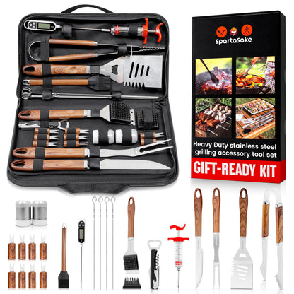 SpartaSake (24-Pack) Premium Stainless Steel BBQ Grilling Accessories with Wood Handles - Barbecue Gill Accessories Set for Blackstone Griddle - Outdoor Camping Grill Set for BBQ for Dad Men Women