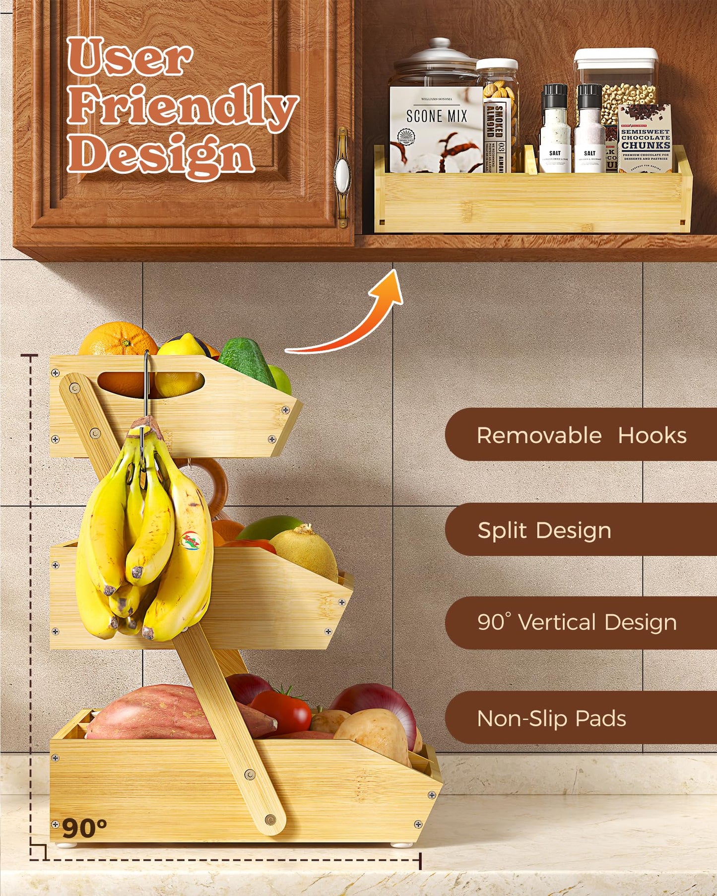 Sevenblue 3 Tier Large Bamboo Fruit Basket for Kitchen Counter with 2 Banana Holders, Kitchen Countertop Organizer with Protective Mats, Tiered Fruit Bowl for Bread Snack Veggies with Dividers