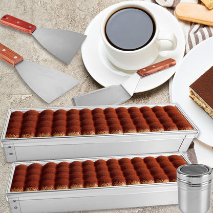 3 Pack Tiramisu Cake Pan Set with Lid Nonstick Rectangle Tiramisu Cake Mold with Removable Frame Stainless Steel Baking Pan Kit with Spatulas Powder Sugar Shaker Baking Paper for Cheesecake Mousse